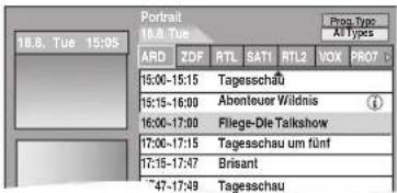 18.8. Tue 15:05 Portrait 18.8. Tue ARG ZDF RTL SAT1 RTL2 VOX PRO7 15:00-15:15 Tagesschau 15:15-16:00 Abenteuer Wildnis 16:00-17:00 Fliege-Die Talkshow 17:00-17:15 Tagesschau um fünf 17:15-17:47 Brisant 17:47-17:49 Tagesschau