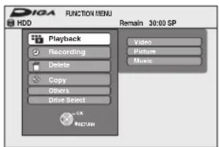 DIGA FUNCTION MENU HDD Remain 30:00 SP Playback Recording Delete Copy Others Drive Select Video Picture Music OK RIGHT