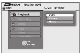 DIGA HDD FUNCTION MENU Remain 30:00 SP Playback Recording Delete Copy Others Drive Select Video Picture Music #CA #CATHN