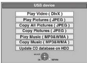 USB device Play Video ( DivX ) Play Pictures ( JPEG ) Copy All Pictures ( JPEG ) Copy Pictures ( JPEG ) Play Music ( MP3&WMA ) Copy Music ( MP3&WMA ) Update CD database on HDD