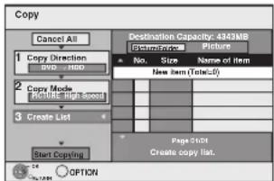 Copy Cancel All Destination Capacity: 4343MB Picture 1 Copy Direction NO NO No. Size Name of item New item (Total=0) 2 Copy Mode PICTURE High Speed 3 Create List Start Copying Page Slot Create copy list. OPTION