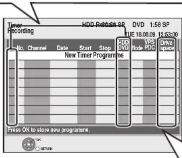 Timer Recording HDD RUB824 SP DVD 1:58 SP TUE 18.08.09 12:53:00 No. Channel Date Start Stop New Timer Programme HDD DVD VPS Mode PDC Drive spaces Press OK to store new programmes. OK RETURN