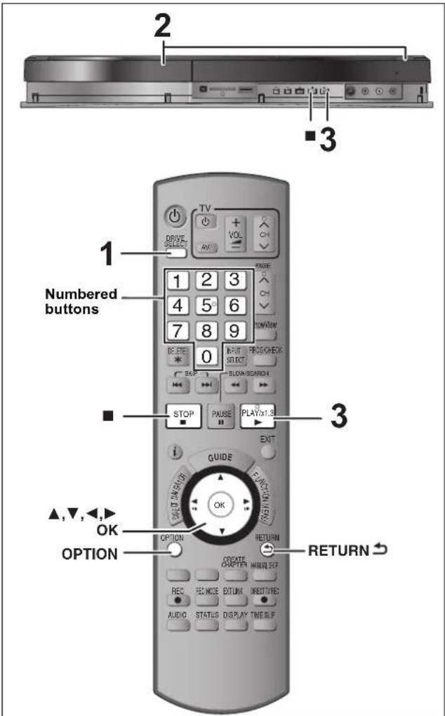 2 ■3 1 Numbered buttons TV DRIVE SELECT AV PAGE 1 2 3 4 5 6 7 8 9 BEETR 0 EXIT SELECT BLOW BEARCH STOP PAUSE PLAYX1.SI EXIT GUIDE OK OPTION RETURN REC REFERENCE OUTPUT ORDER AUDIO STATUS DISPLAY TIME SLIP ▲,▼,◀,► OK OPTION