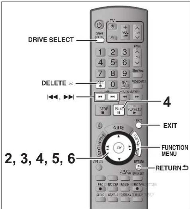 DRIVE SELECT 1 2 3 4 5 6 7 8 9 WRITE CREATE * 0 MULTI- SELECT STOP PAUSE PLAYX1.3 EXIT CHANGE GUIDE FUNCTION MENU OPTION RETURN CREATE CHAPTER: UMLA, DRY REC: REVOSE EATLIK EBITON REC: VIEF AUDIO STATUS DISPLAY TIME BUY REC: VIEF 2, 3, 4, 5, 6 4 EXIT FUNCTION MENU RETURN