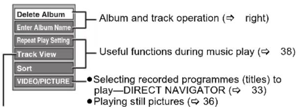 Delete Album Enter Album Name Repeat Play Setting Track View Sort VIDEO/PICTURE Album and track operation (⇒ right) Useful functions during music play (⇒ 38) Selecting recorded programmes (titles) to play—DIRECT NAVIGATOR (⇒ 33) Playing still pictures (⇒ 36)