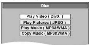 Disc Play Video ( DivX ) Play Pictures ( JPEG ) Play Music ( MP3&WMA ) Copy Music ( MP3&WMA )