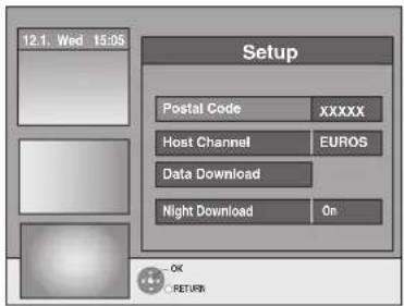 12.1. Wed 15:05 Setup Postal Code XXXXX Host Channel EUROS Data Download Night Download On OK RETURN