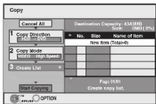 Copy Cancel All Destination Capacity: 434180 Size: 0MB (0%) Copy Direction No. Size Name of item New Item (Total=0) Copy Mode VIDEO High Speed Create List Start Copying Page 01/01 Create copy list. OPTION
