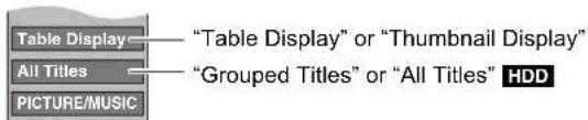 Table Display All Titles PICTURE/MUSIC "Table Display" or "Thumbnail Display" "Grouped Titles" or "All Titles" HDD