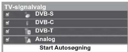 TV-signalvalg ✓ DVB-S ✓ DVB-C ✓ DVB-T ✓ Analog Start Autosøgning