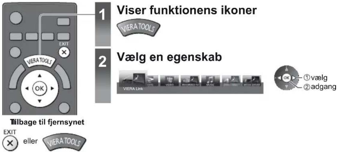 1 Viser funktionens ikoner VIERA TOOLS 2 Vælg en egenskab VIERA Link ① vælg ② adgang Tilbage til fjernsynet EXIT eller VIERA TOOLS