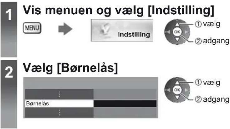 1 Vis menu og vælg [Indstilling] MENU → Indstilling ① vælg ② adgang 2 Vælg [Børnelås] Børnelås ① vælg ② adgang