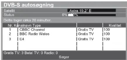 DVB-S autosøgning Satellit Astra 19.2° E Status 0% 10% Delte tager cirka 20 minutter. Nr. Kärnalnav Type Kvalitet 1 CBBC Channel Gratis TV 100 2 BBC Radio Wales Gratis TV 100 3 E4 Gratis TV 100 Gratis TV: 3 Bela TV: 0 Radio: 0 Sager