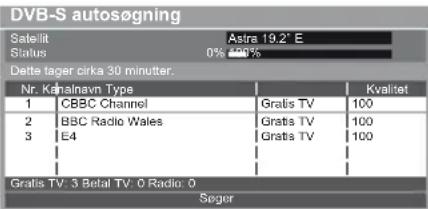DVB-S autosøgning Satellit Astra 19.2° E Status 0% 100% Delte tager cirka 30 minutter. Nr. Konalnavn Type Kvalitet 1 CBC Channel Gratis TV 100 2 BBC Radio Wales Gratis TV 100 3 E4 Gratis TV 100 Gratis TV: 3 Betal TV: 0 Radio: 0 Søger