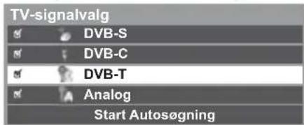 TV-signalvalg DVB-S DVB-C DVB-T Analog Start Autosøgning