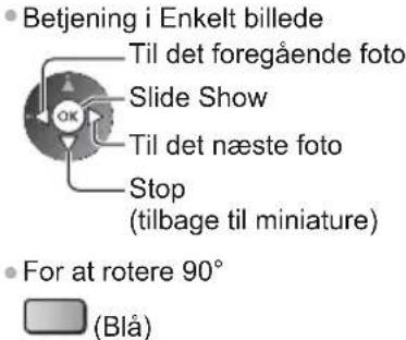 Betjening i Enkelt billede Til det foregående foto Slide Show Til det næste foto Stop (tilbage til miniature) For at rotere 90° (Blå)