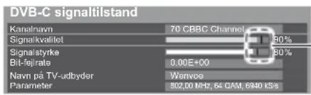 DVB-C signaltilstand Kanalnavn 70 CBBC Channel Signalkvalilot 90% Signistyrke 80% Bit-fejrate 0.00E+00 Navn på TV-udbyder Wenvos Parameter 502,00 MHz, 64 QAM, 6940 Ks/s