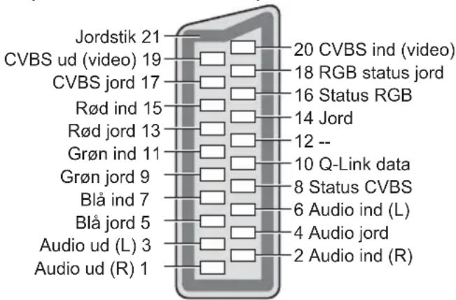 Jordstik 21 CVBS ud (video) 19 CVBS jord 17 Rød ind 15 Rød jord 13 Grøn ind 11 Grøn jord 9 Blå ind 7 Blå jord 5 Audio ud (L) 3 Audio ud (R) 1 20 CVBS ind (video) 18 RGB status jord 16 Status RGB 14 Jord 12 -- 10 Q-Link data 8 Status CVBS 6 Audio ind (L) 4 Audio jord 2 Audio ind (R)