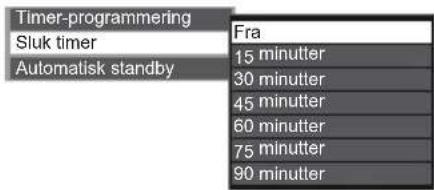 Timer-programmering Sluk timer Automatisk standby Fra 15 minutter 30 minutter 45 minutter 60 minutter 75 minutter 90 minutter