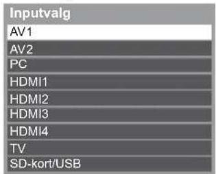 Inputvalg AV1 AV2 PC HDMI1 HDMI2 HDMI3 HDMI4 TV SD-kort/USB