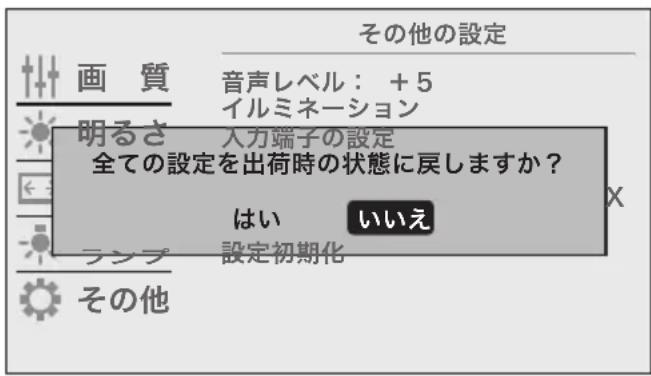 その他の設定 画質 音声レベル:+5 イルミネーション 明るさ 入力端子の設定 全ての設定を出荷時の状態に戻しますか? はい いいえ ランプ 設定初期化 その他