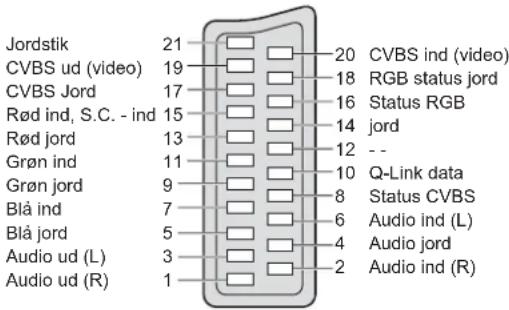 Jordstik 21 CVBS ud (video) 19 CVBS Jord 17 Rød ind, S.C. - ind 15 Rød jord 13 Grøn ind 11 Grøn jord 9 Blå ind 7 Blå jord 5 Audio ud (L) 3 Audio ud (R) 1 20 CVBS ind (video) 18 RGB status jord 16 Status RGB 14 jord 12 -- 10 Q-Link data 8 Status CVBS 6 Audio ind (L) 4 Audio jord 2 Audio ind (R)
