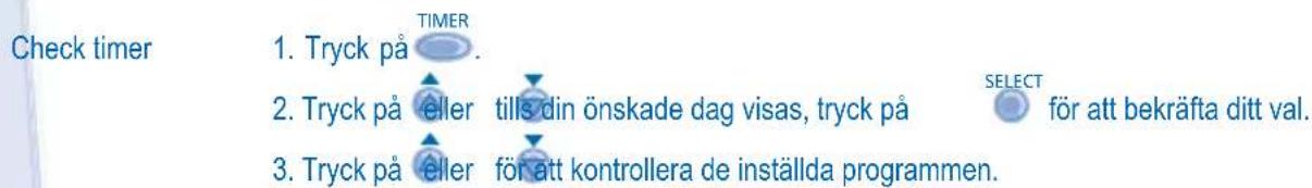 Check timer 1. Tryck på TIMER 2. Tryck på eller tills din önskade dag visas, tryck på SELECT för att bekräfta ditt val. 3. Tryck på eller för att kontrollera de inställda programmen.