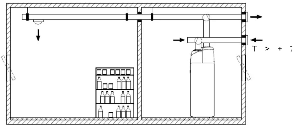 Technical diagram of a mechanical device with labeled components and directional arrows, showing a storage unit and assembly layout.