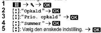 1 2 [♦]: "Opkald" → OK 3 [♦]: "Prio. opkald" → OK 4 [♦]: "Summer" → OK 5 [♦]: Vælg den ønskede indstilling. → OK
