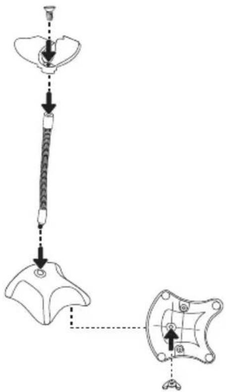 Technical diagram showing mechanical assembly steps with labeled components and directional arrows