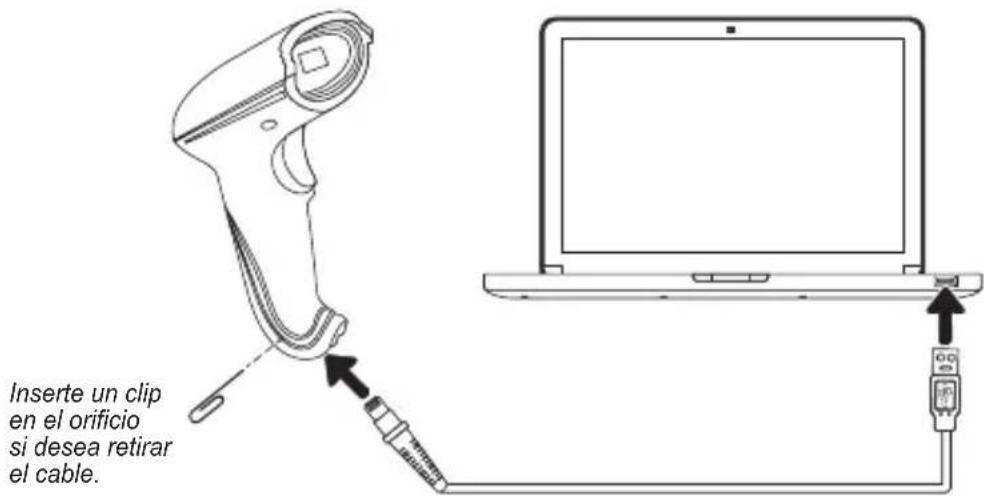 Inserte un clip en el orificio si desea retirar el cable.