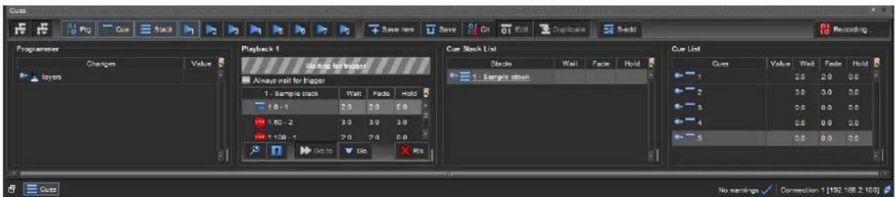 Cues Prog Cox Stacks Save new Save Ctrl Exit Duplicate S-add 10 Recording... Programmer Changes Value Layers Playback 1 Use and for Trigger Always wait for Trigger 1 - Sample stack Wait Fade Hold 1.6 - 1 2.0 3.0 3.0 3.0 1.60 - 2 3.0 3.0 3.0 1.100 - 1 2.0 2.0 0.0 Go to Get Cue Stack List Stacks Wait…