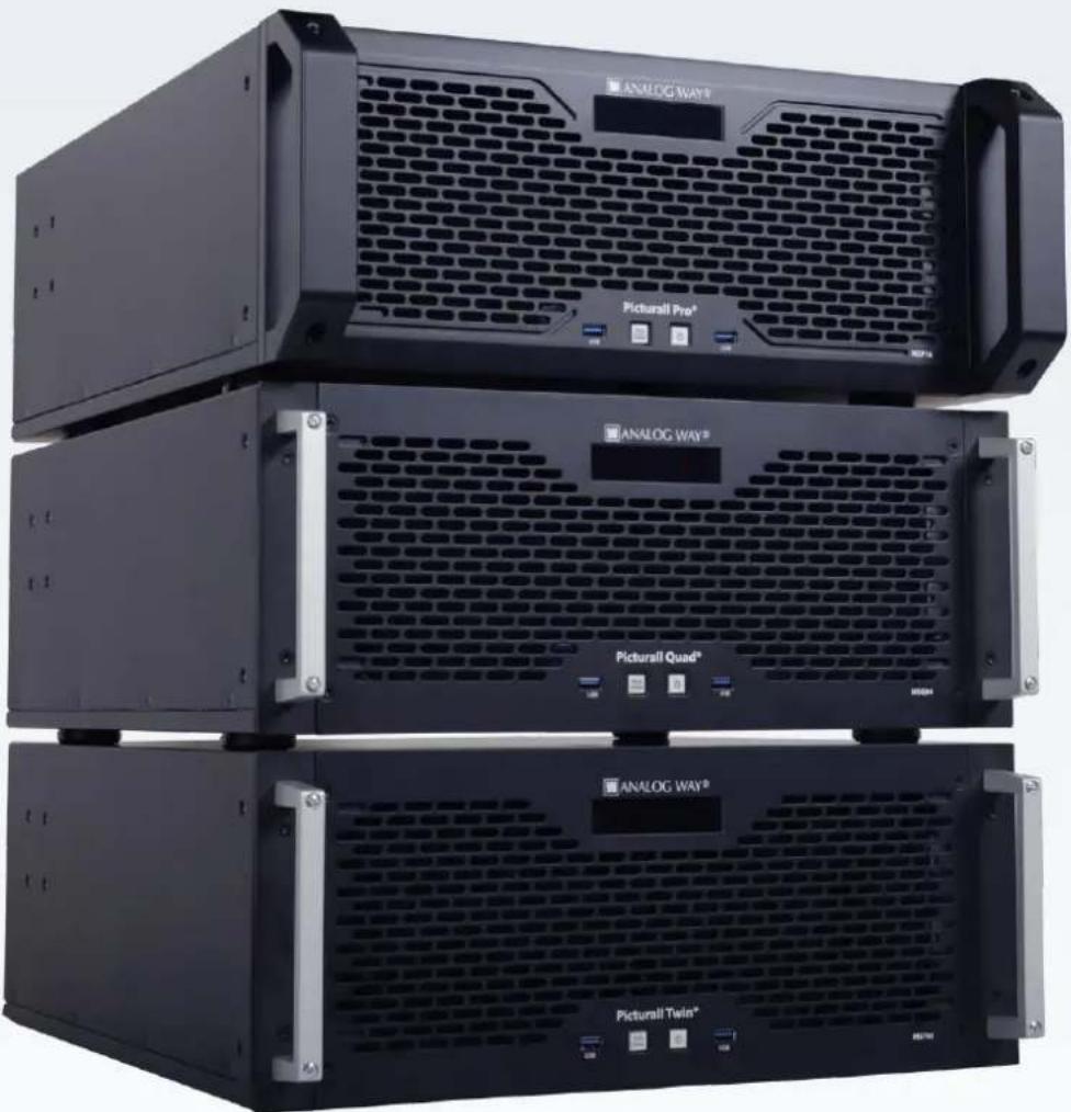 Three black analog waterway server units (Analog Way, Pictural Quad, Pictural Twin) with ventilation grilles and ports, no visible text or labels on the equipment surfaces.