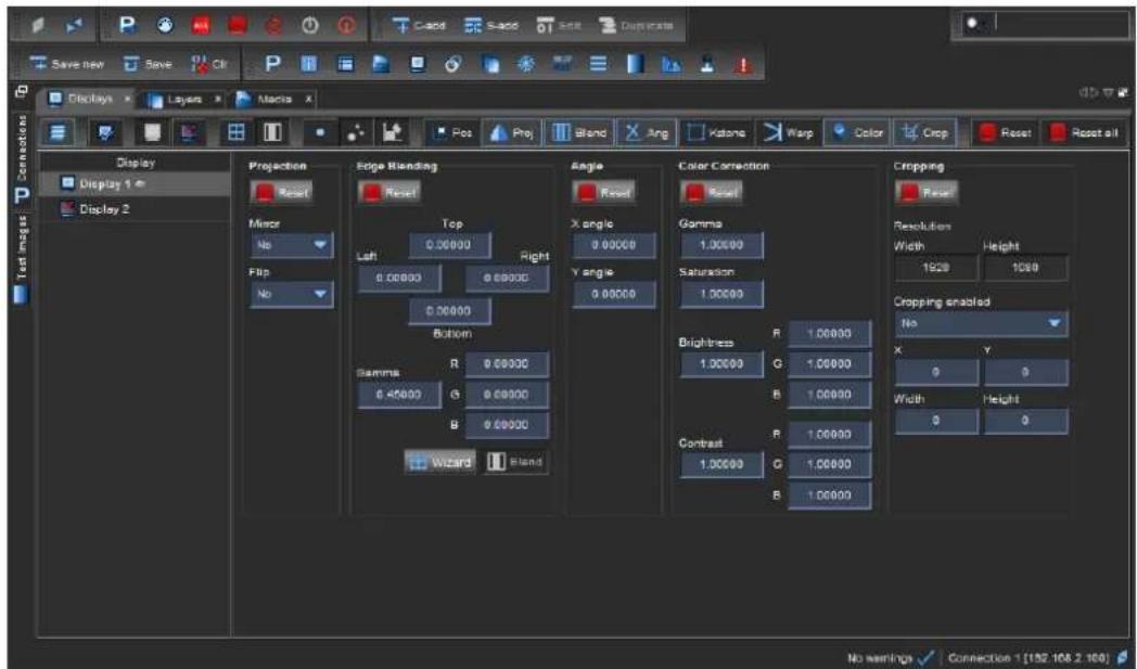 Display Display 1 Display 2 Projection Reset Mirror No Flip No Edge Blending Reset Top 0.00000 Right Left 0.00000 0.00000 0.00000 Button Gamma R 0.00000 G 0.00000 B 0.00000 Wizard Blend Angle Reset X angle 0.00000 Y angle 0.00000 Color Correction Reset Gamma 1.00000 Saturation 1.00000 Brightness R 1…