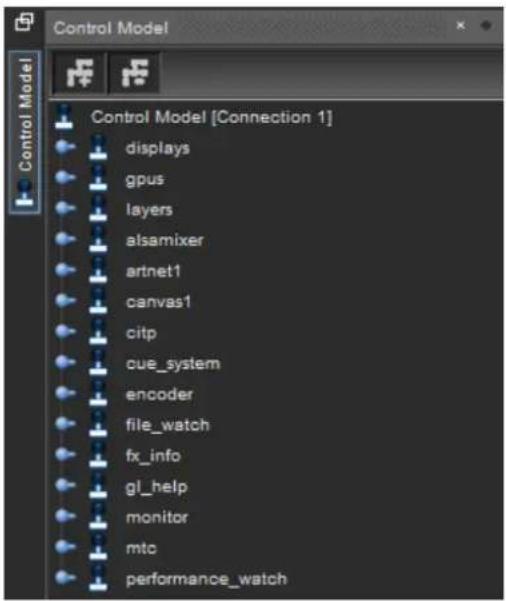 Control Model Control Model [Connection 1] displays gpus layers alsamixer artnet1 canvas1 citp cue_system encoder file_watch fx_info gl_help monitor mtc performance_watch