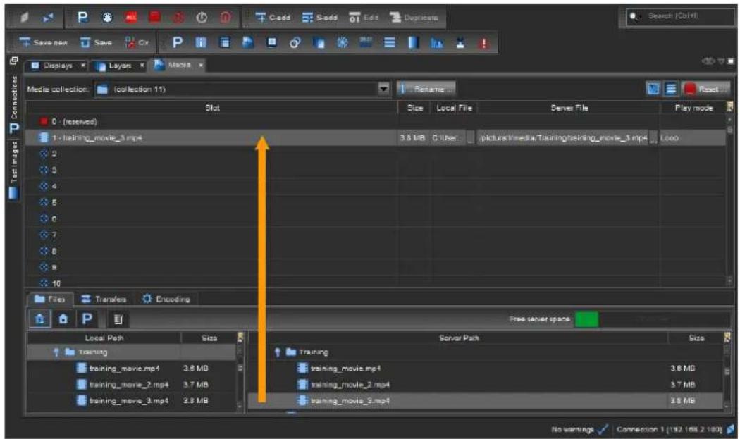 Save new Save Cir P Displays Layers Media Media collection (collection 11) Rename Reset Slot Size Local File Server File Play mode 0 (reserved) 1 - training_movie_3.mp4 3.8 MB C User: pictuat/media/Training/learning_movie_3.mp4 Loep 2 3 4 5 6 7 8 9 10 Files Transfers Encoding Local Path Size Server…