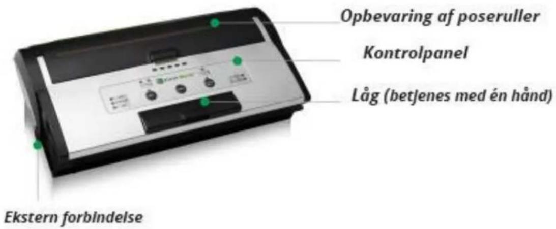 Opbevaring af poseruller Kontrolpanel Låg (betjenes med én hånd) Ekstern forbindelse