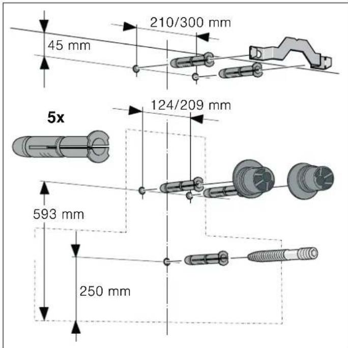 210/300 mm 45 mm 124/209 mm 5x 593 mm 250 mm