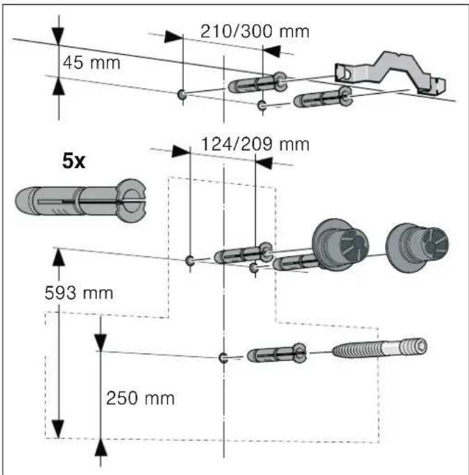 210/300 mm 45 mm 124/209 mm 5x 593 mm 250 mm