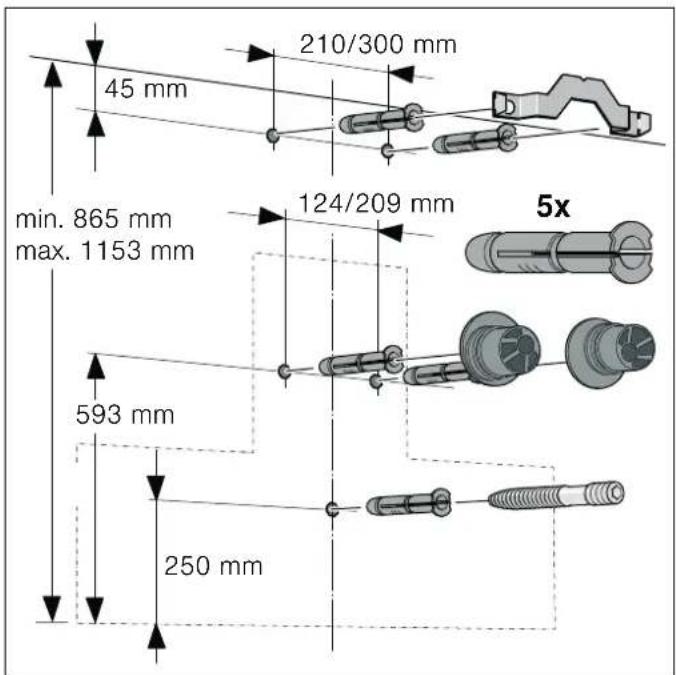 210/300 mm 45 mm min. 865 mm max. 1153 mm 124/209 mm 5x 593 mm 250 mm
