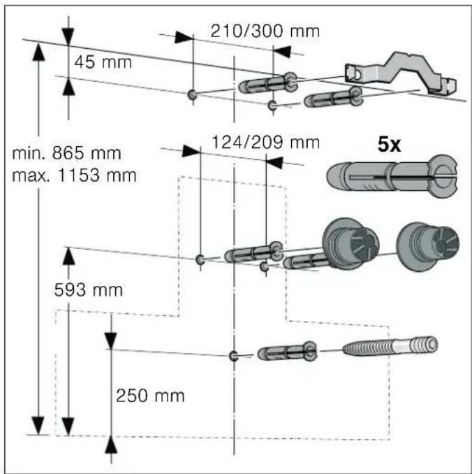 210/300 mm 45 mm min. 865 mm max. 1153 mm 124/209 mm 5x 593 mm 250 mm