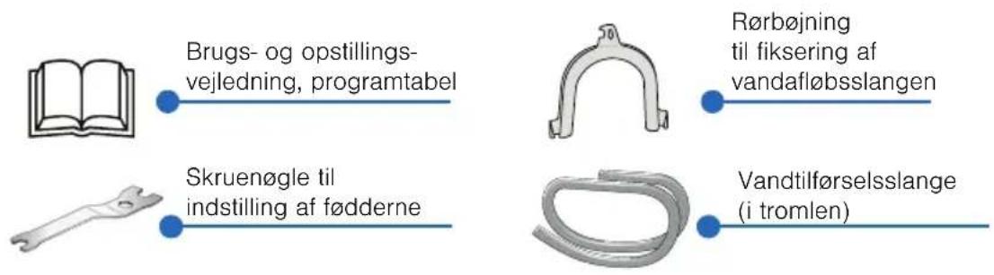 Brugs- og opstillings- vejledning, programtabel Skruenøgle til indstilling af fødderne Rørbøjning til fiksering af vandafløbsslangen Vandtilførselsslange (i tromlen)