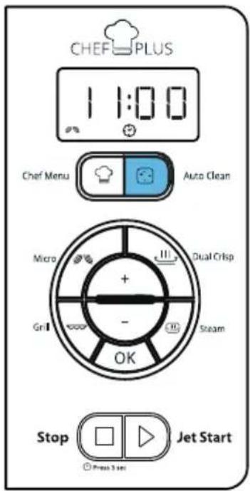 CHEF PLUS 1:00 Chef Menu Auto Clean Micro + - Dual Crisp Grill Steam OK Stop Jet Start Press 3 sec