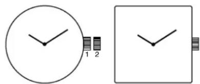 Two clock diagrams showing 1 and 2 o'clock with hour and minute hands, alongside a separate square clock.