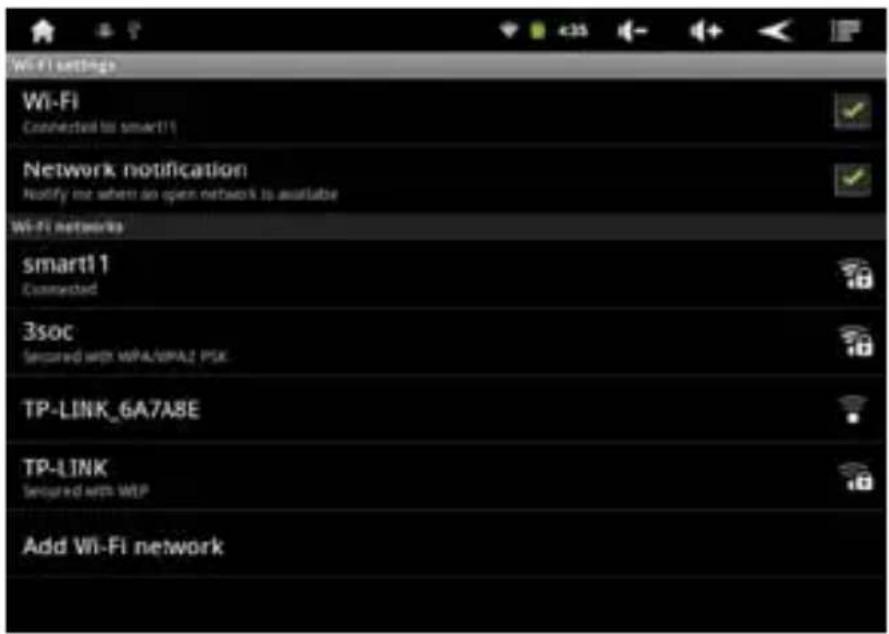 Wi-Fi settings Wi-Fi Connected to smart11 Network notification Notify me when an open network is available Wi-Fi networks smart11 Connected 3soc Secured with MPA/SPAL2 PSK TP-LINK_6A7A8E TP-LINK Secured with WLP Add Wi-Fi network