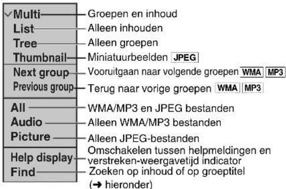 Multi——— Groepen en inhoud List——— Alleen inhouden Tree——— Alleen groepen Thumbnail——— Miniatuurbeelden JPEG Next group——— Vooruitgaan naar volgende groepen WMA MP3 Previous group——— Terug naar vorige groepen WMA MP3 All——— WMA/MP3 en JPEG bestanden Audio——— Alleen WMA/MP3 bestanden Picture——— Alleen JPEG-bestanden Help display——— Omschakelen tussen helpmeldingen en verstreken-weergavetijd indicator Find——— Zoeken op inhoud of op groeptitel (→ hieronder)