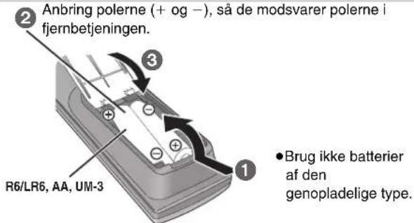 Anbring polerne (+ og -), så de modsvarer polerne i fjernbetjeningen. R6/LR6, AA, UM-3 Brug ikke batterier af den genopladelige type.