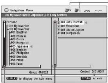 Navigation Menu 002 My favorite2005 Japanese 001 Lady Starfish Perfume -001 My favorite1 -002 My favorite2 -001 Brasilien -002 Chinese -003 Czech -004 Hungarian -005 Japanese -006 Mexican -007 Philippine -008 Swedish -009 Piano -010 Vocal Group 05/023 Content 001/0004 DISPLAY to display the sub menu