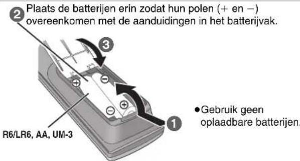 Plaats de batterijen erin zodat hun polen (+ en -) overeenkomen met de aanduidingen in het batterijvak. R6/LR6, AA, UM-3 Gebruik geen oplaadbare batterijen.
