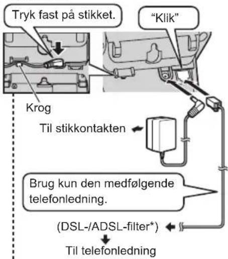 Tryk fast på stikket. "Klik" Krog Til stikkontakten Brug kun den medfølgende telefonledning. (DSL-/ADSL-filter*) Til telefonledning